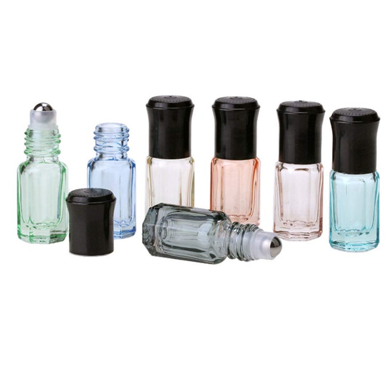 Luzen 12Pcs 3ml Colorful Octagonal Glass Roller Bottles Mini Essential Oil Massage Roll-on Bottle Vials Travel Cosmetic Perfume Sample Containers with Steel Ball Black Cap, 1PC Transfer Dropper and Funnel - Image 2